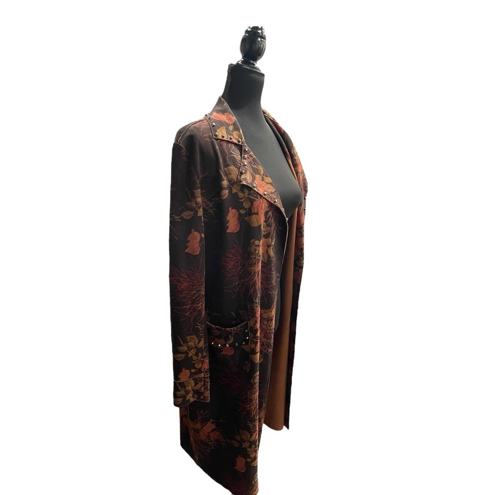 Sheryl Crow Boho Faux Suede Floral Trench Coat Brown Orange | Size Small - Picture 4 of 10
